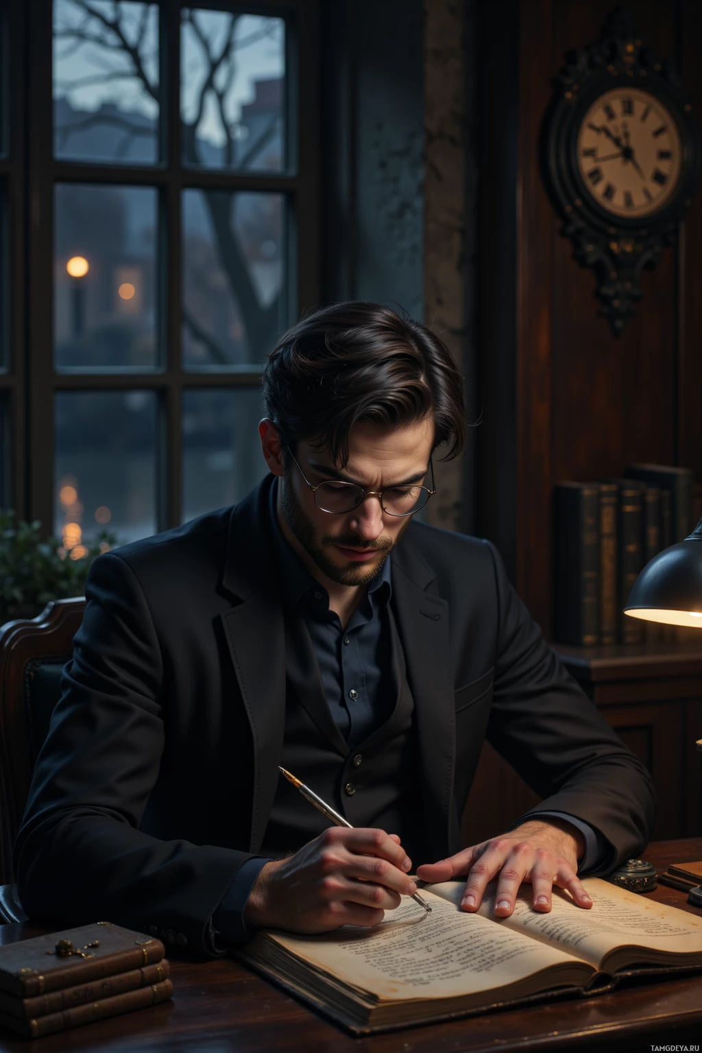 A man in a suit is writing in a book at a desk.
