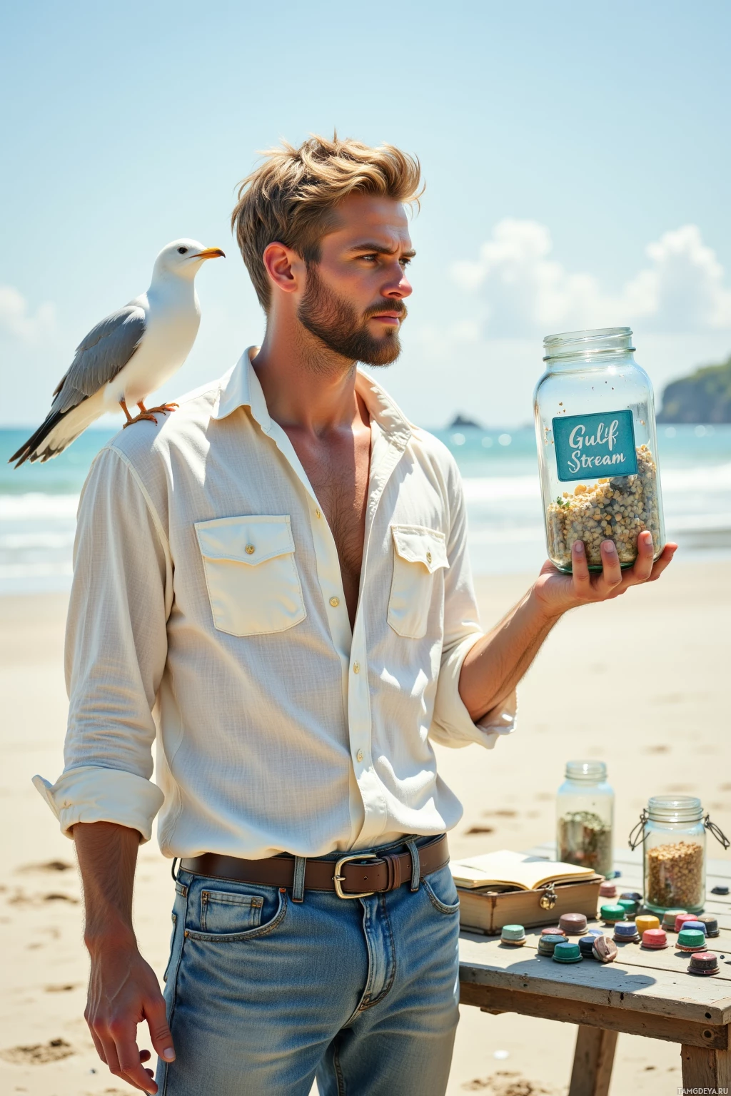 A man stands on a beach holding a jar labeled "Gulf Stream," with a seagull perched on his shoulder.