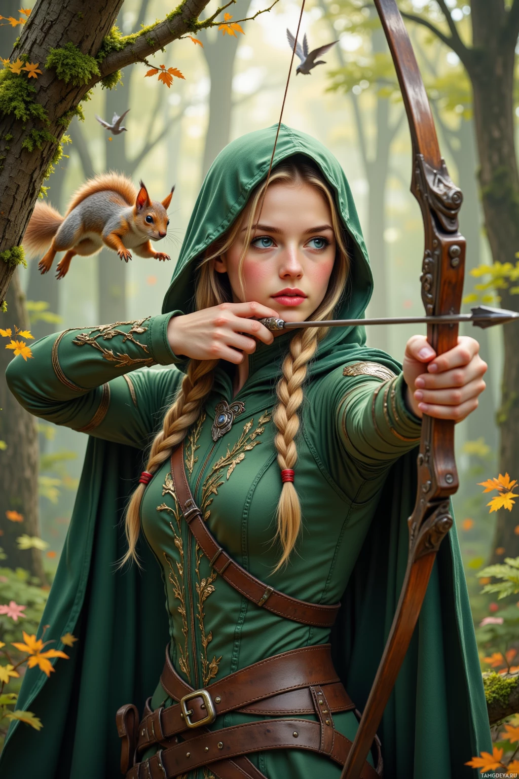 A woman in a green hooded outfit holds a bow in a forest setting.