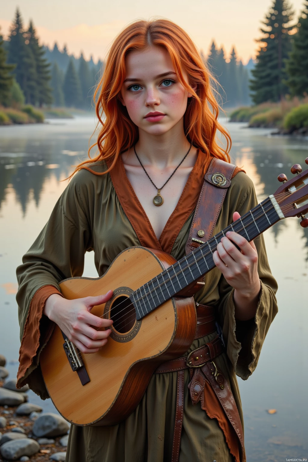 A person with red hair wearing a green and brown outfit holds an acoustic guitar by a serene river.