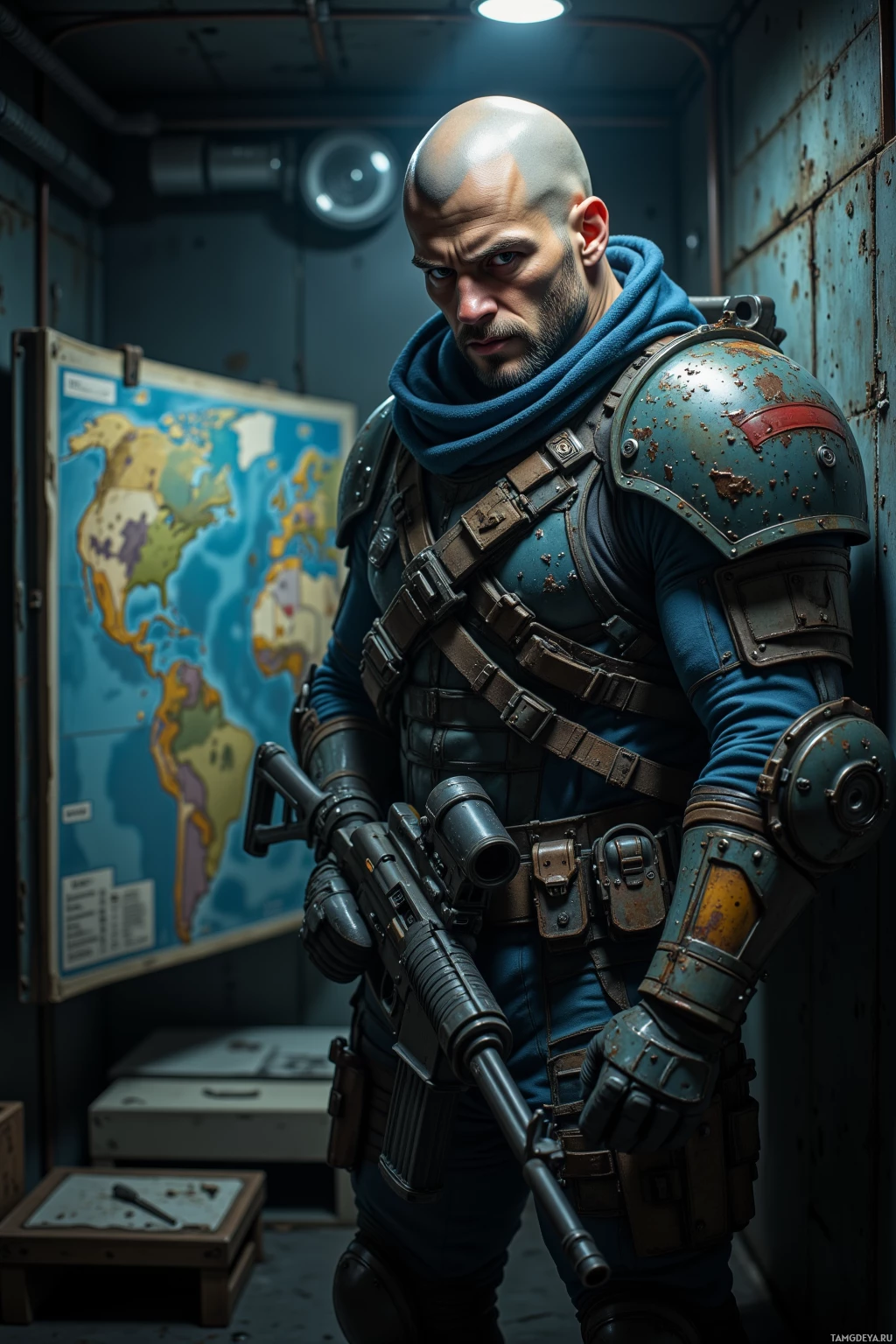 A rugged, armored individual stands in a dimly lit room, holding a rifle, with a world map in the background.