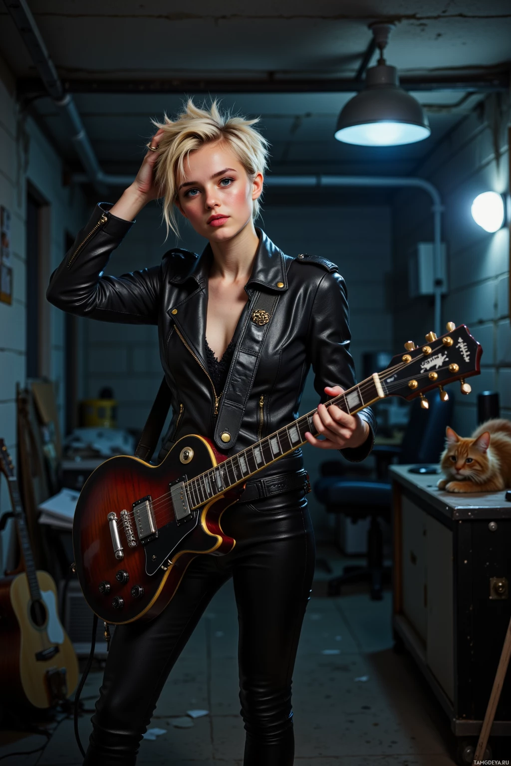 A person in a leather jacket holds a guitar in a dimly lit room with a cat in the background.