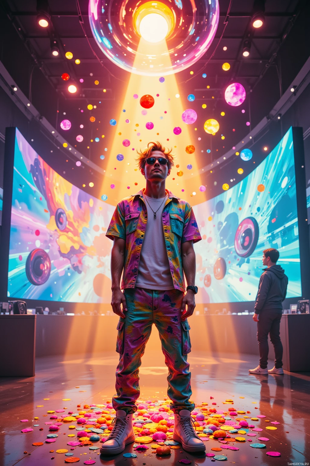 A person stands in a vibrant, colorful room with floating lights and a large screen in the background.