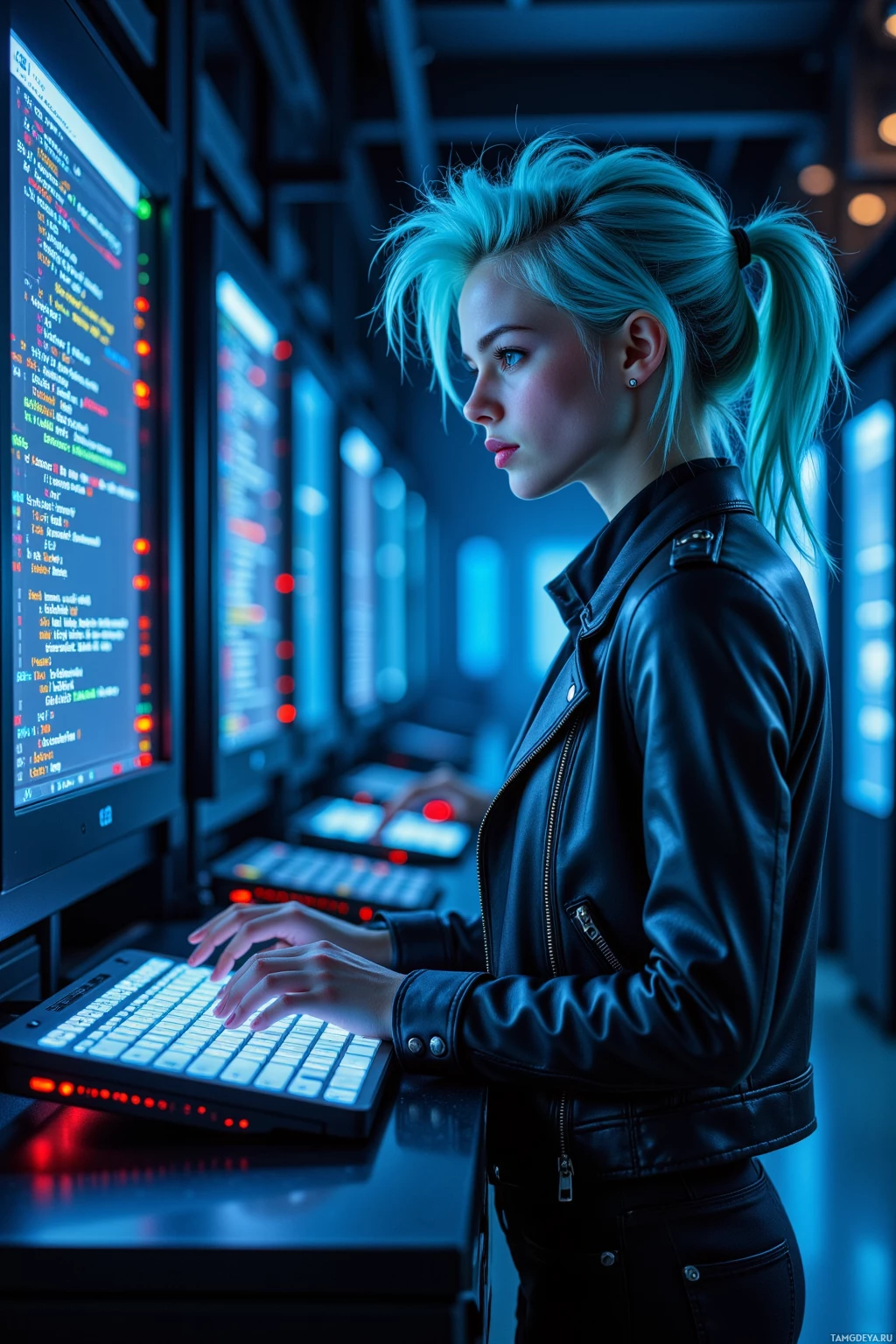 A person in a leather jacket is working at a computer in a dimly lit room with blue lighting.