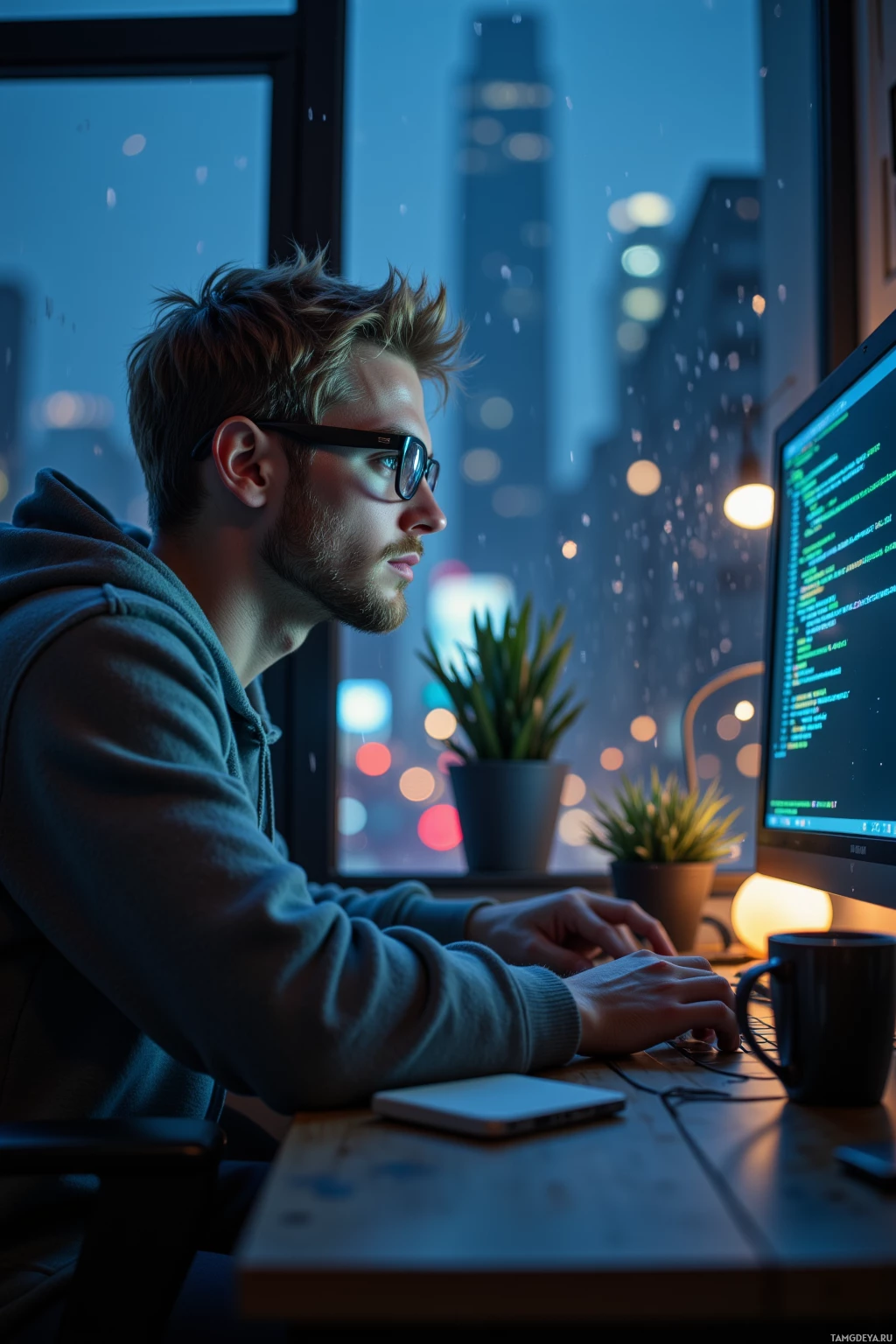 A person wearing glasses works on a computer in a dimly lit room with a cityscape view.