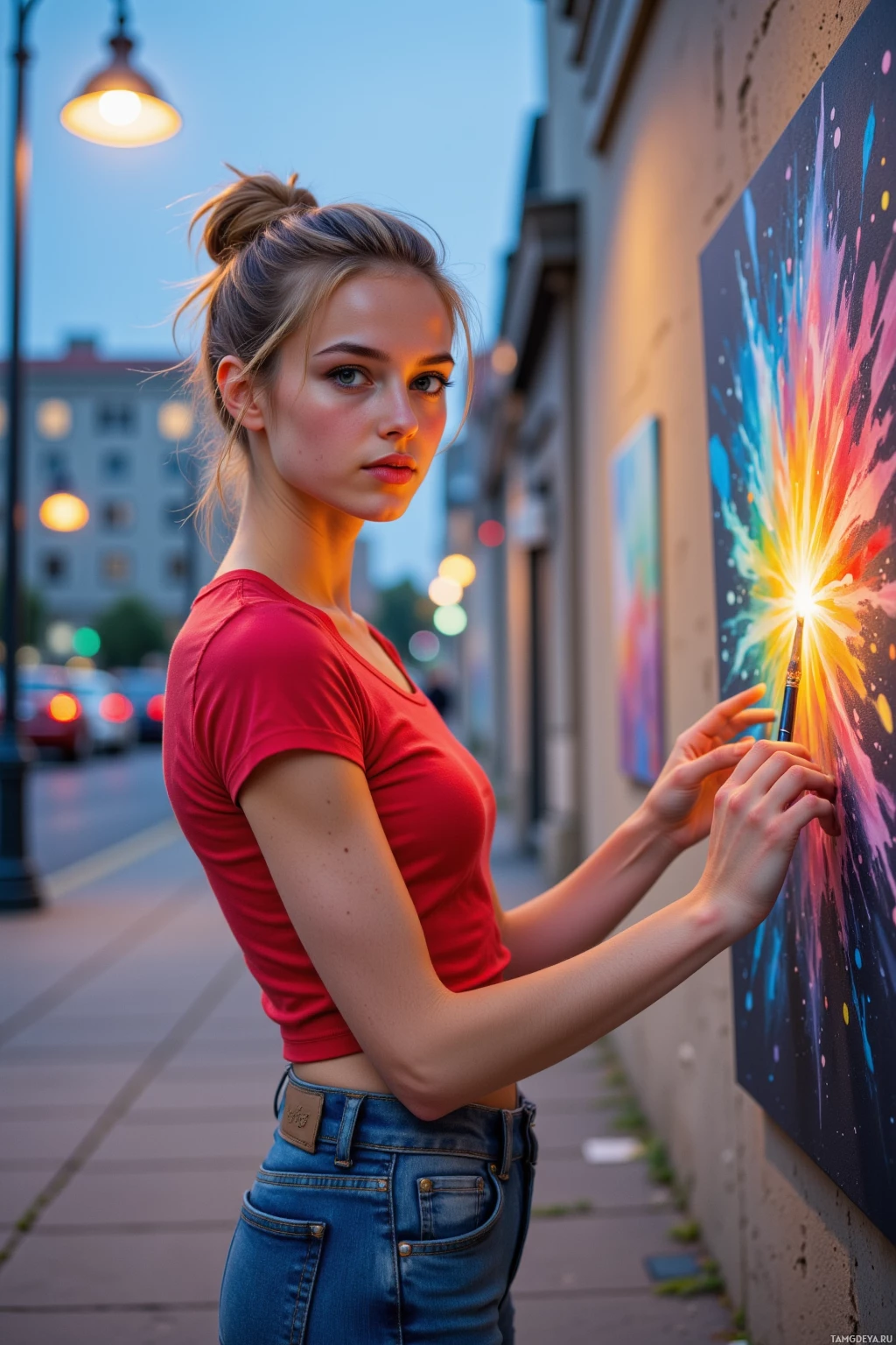 A woman in a red top and jeans stands on a sidewalk near a colorful mural, with streetlights and buildings in the background.