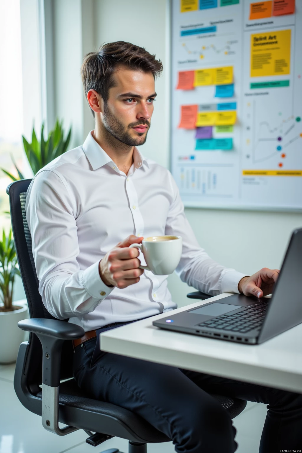A man in a white shirt sits at a desk, holding a coffee cup and working on a laptop.