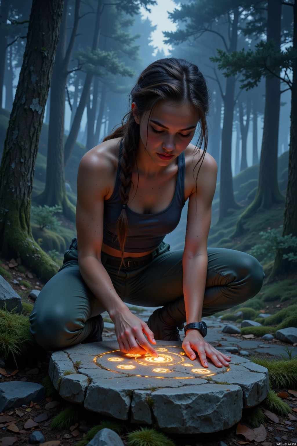 A woman crouches in a forest, interacting with a glowing stone circle.