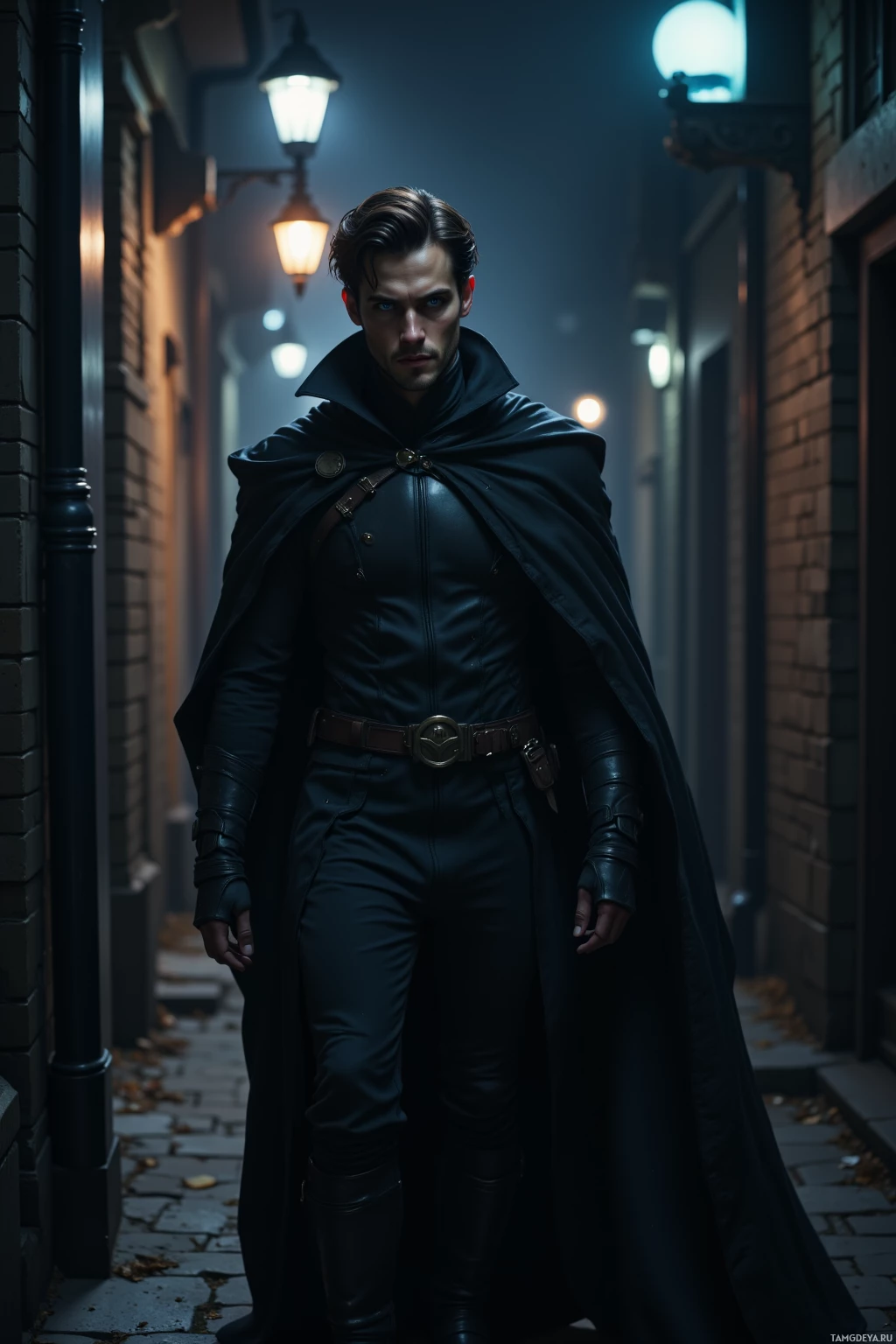 A man in a dark, gothic outfit stands in a dimly lit alleyway.