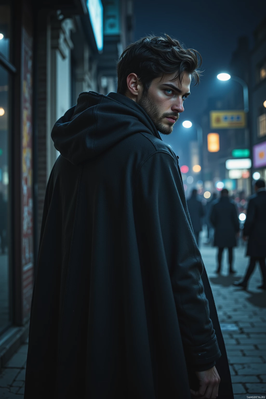 A man in a black hooded coat stands on a dimly lit street at night.