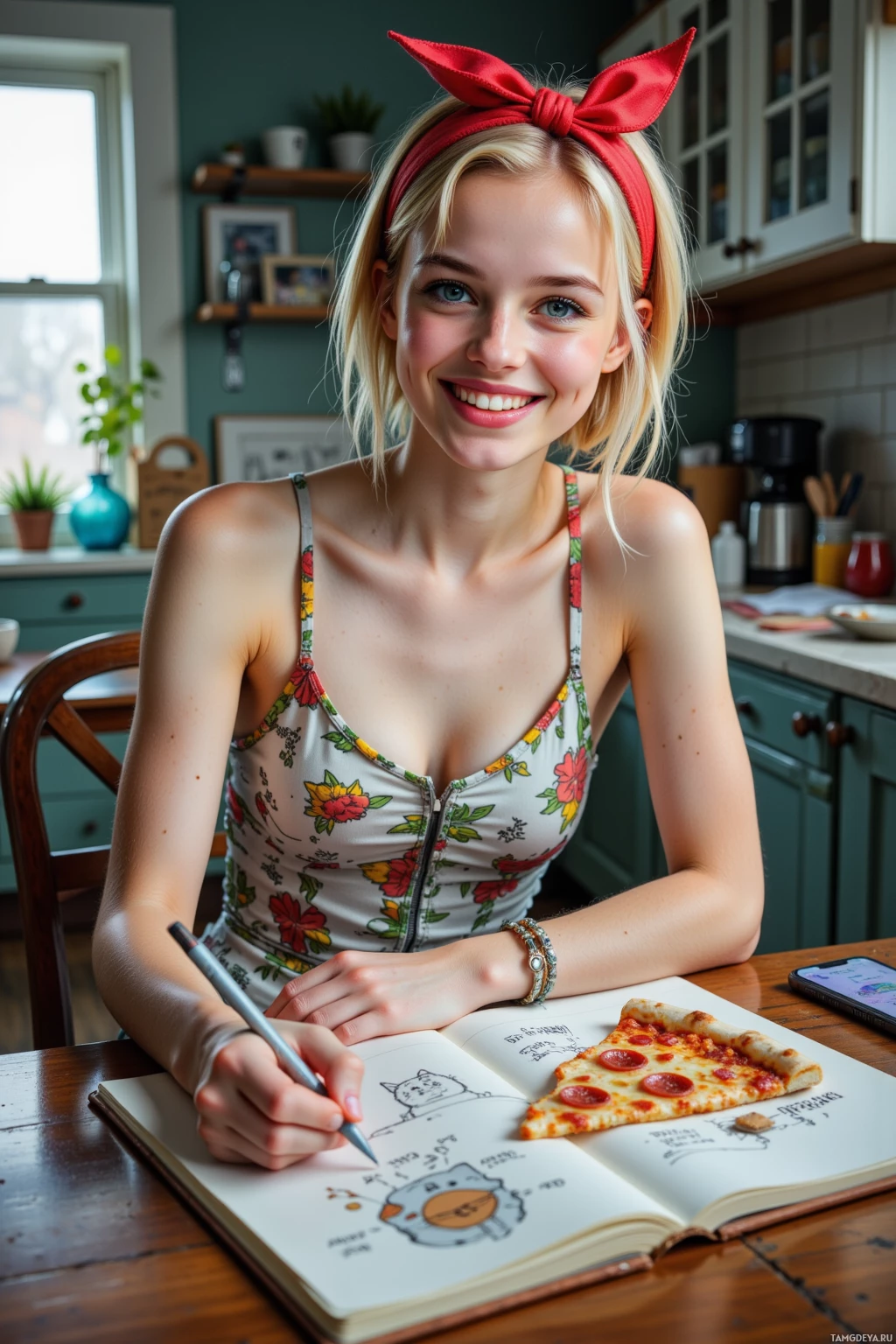 A person wearing a floral top and a red headband is sitting at a table, drawing a cartoon cat and a slice of pizza in a notebook.