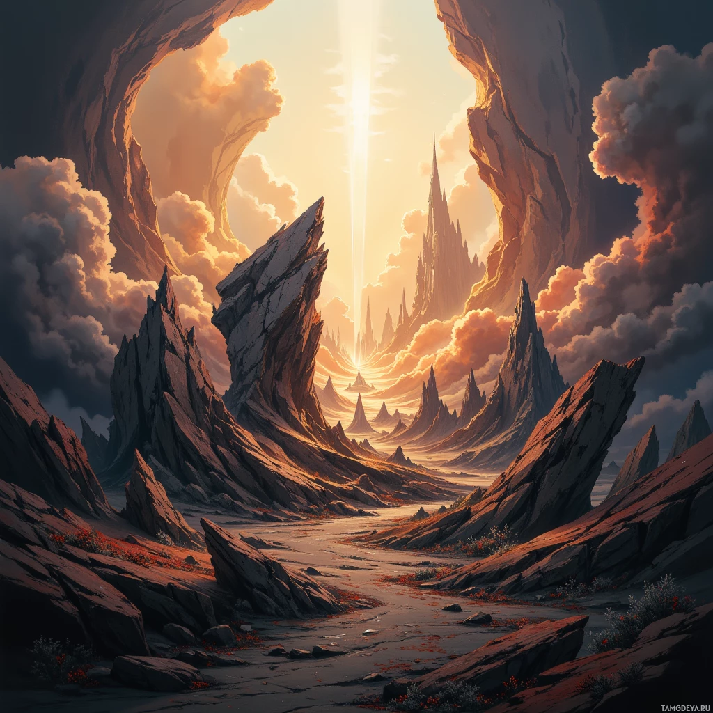 A fantastical landscape with towering rock formations and a bright light source in the sky.