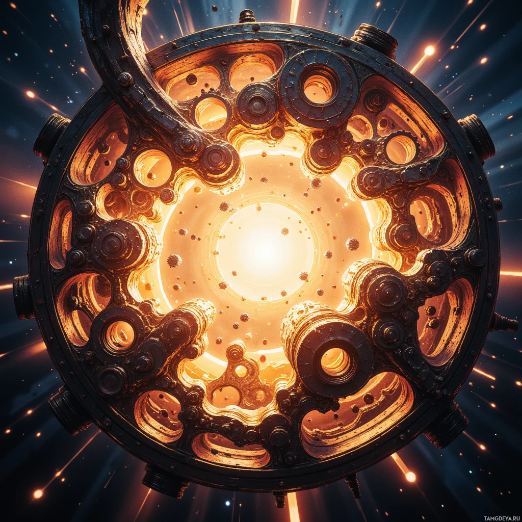 A futuristic, circular structure with intricate, glowing patterns and a bright light at its center.