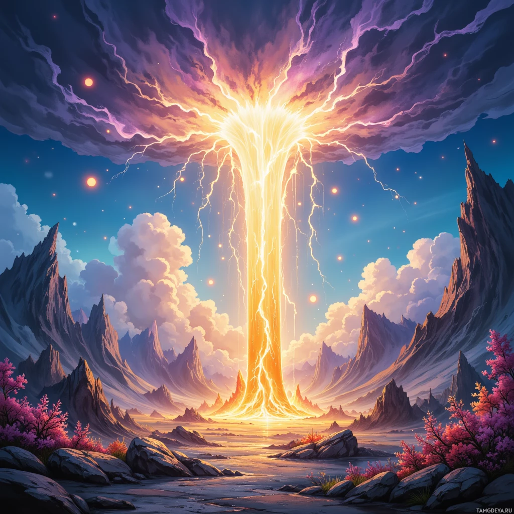 A vibrant fantasy landscape featuring a glowing, lightning-like beam descending from the sky, surrounded by jagged mountains and blooming pink flowers.