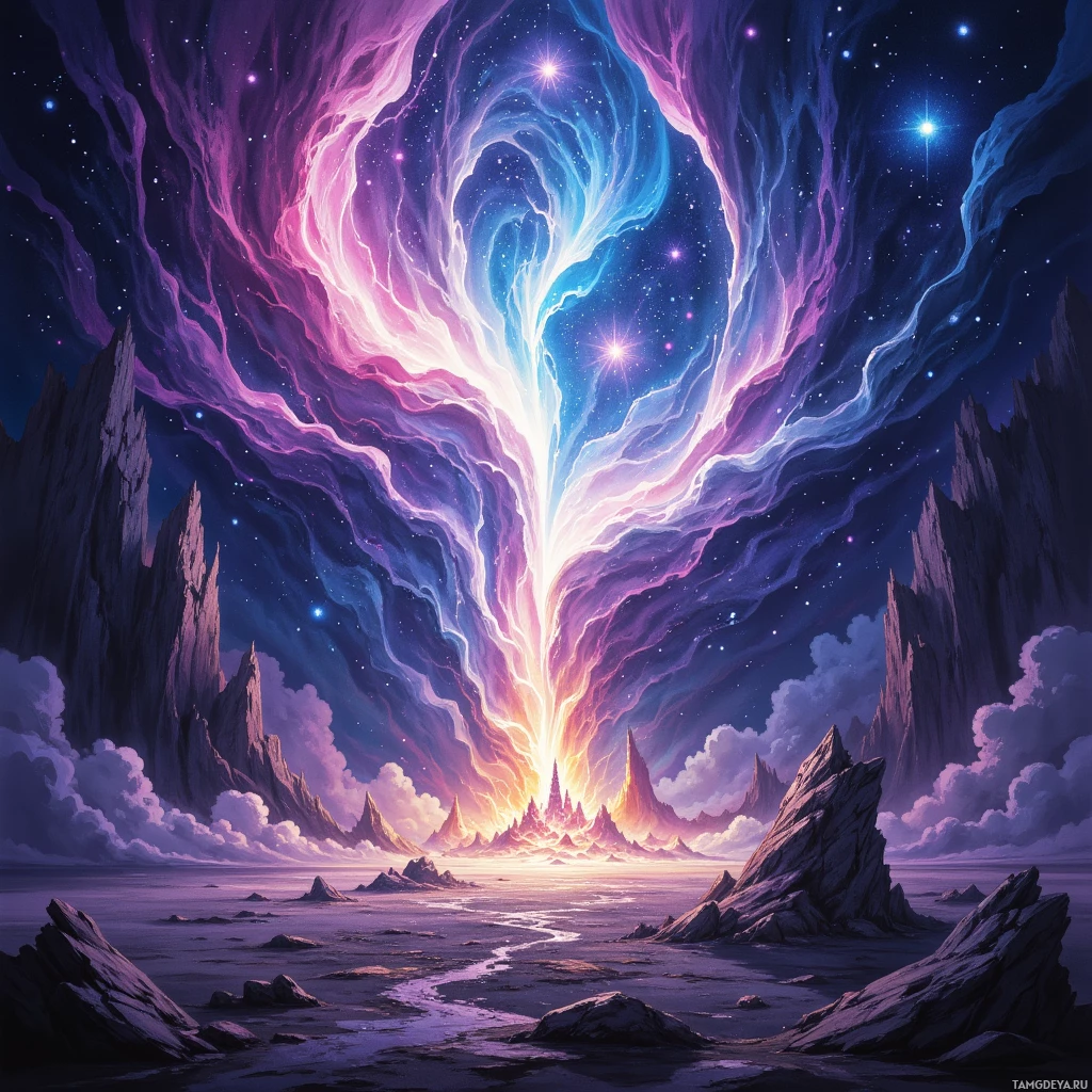 A fantastical landscape featuring a glowing, ethereal portal amidst rocky terrain and a starry sky.