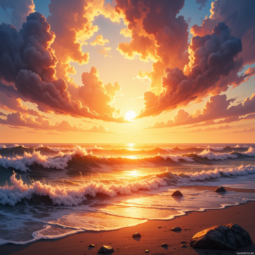A serene sunset over the ocean with waves crashing onto a sandy beach.