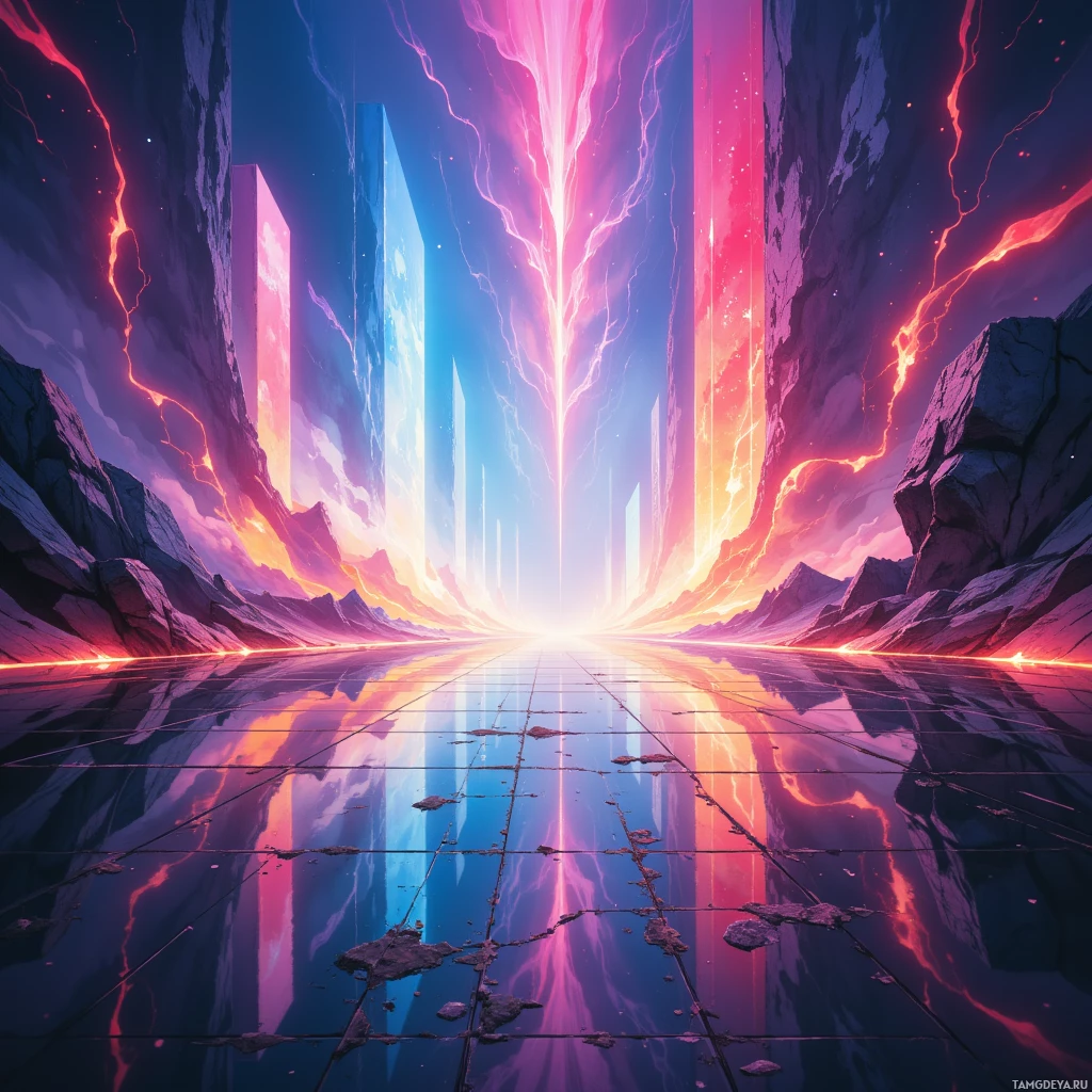 A vibrant, futuristic landscape with glowing vertical structures and a reflective surface.