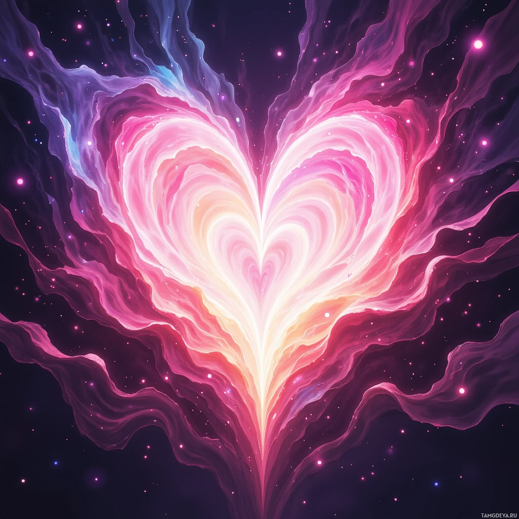 A vibrant, abstract heart shape with flowing, ethereal lines and a cosmic background.