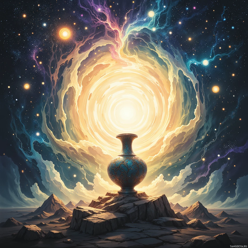 A mystical scene featuring a glowing, ornate vase on a rocky pedestal, surrounded by swirling cosmic energy and a starry sky.