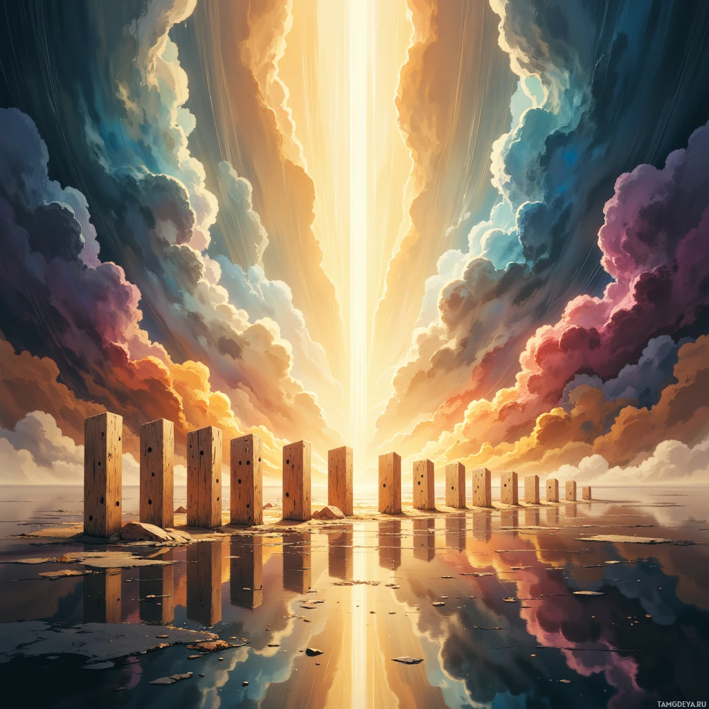 A serene scene featuring a row of wooden posts reflecting in calm water under a vibrant sky with dramatic clouds and a radiant light beam.