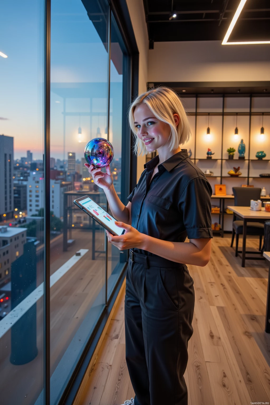 A woman stands by a window holding a glowing orb and a tablet, with a cityscape visible outside.