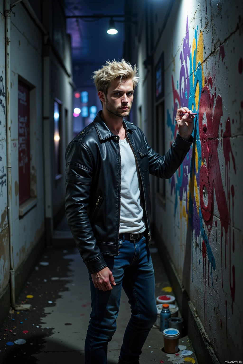 A man in a leather jacket stands in an alleyway, holding a paintbrush near a wall with graffiti.