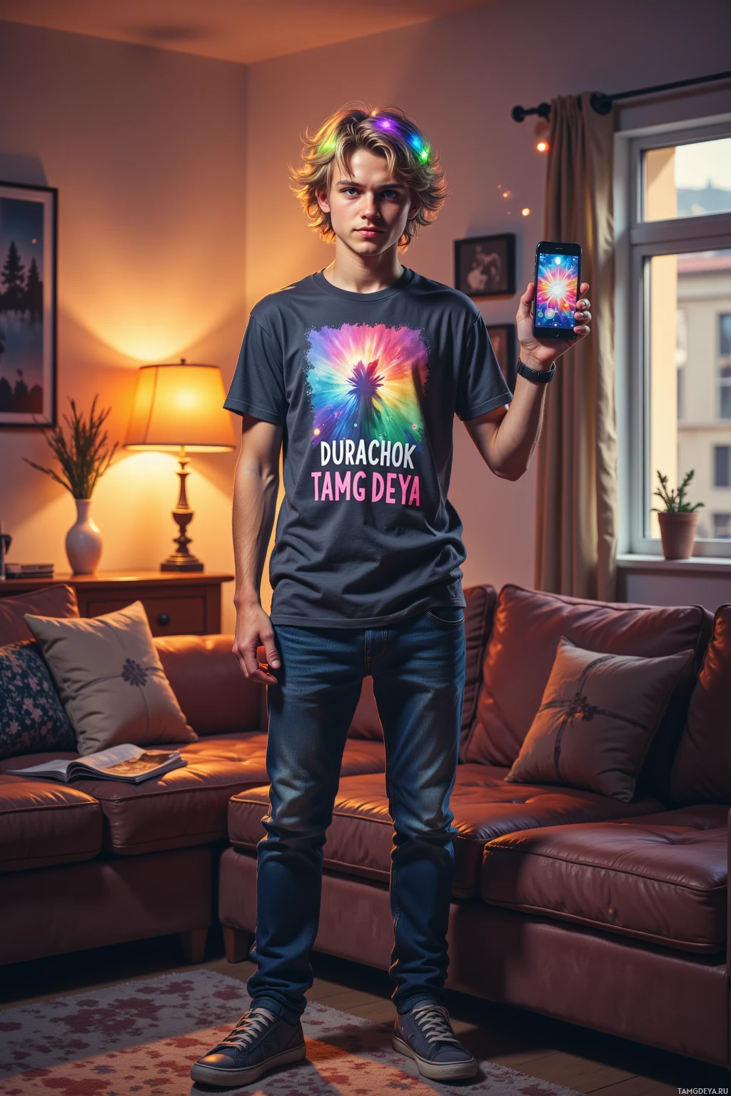 A person stands in a cozy living room holding a smartphone, wearing a t-shirt with colorful text.