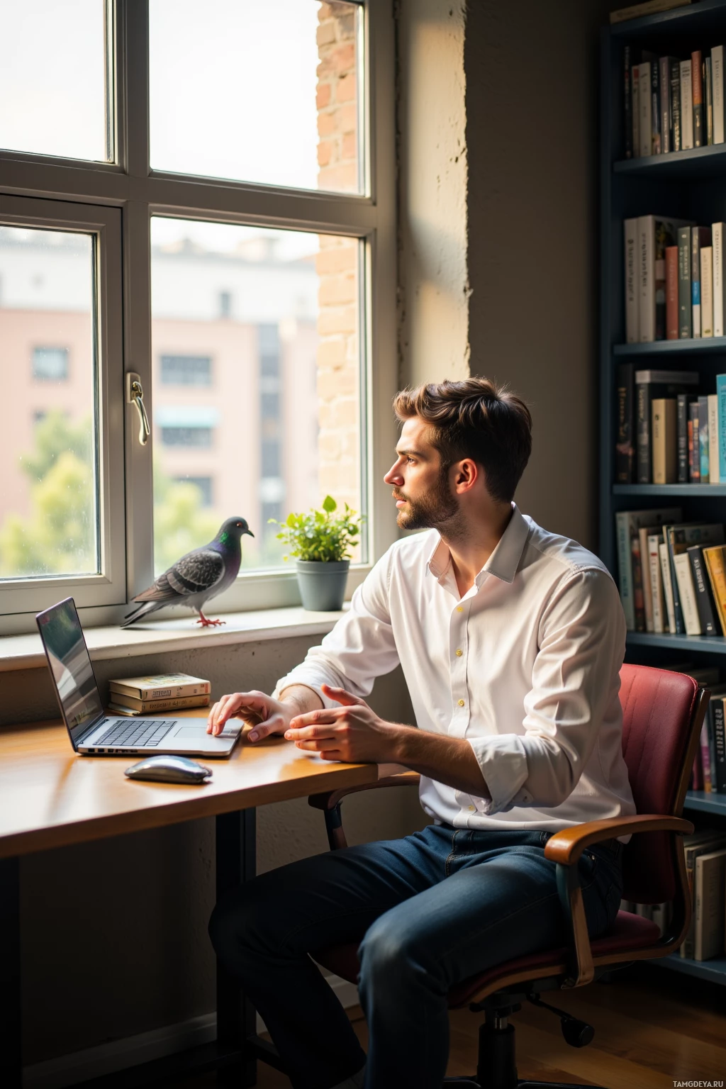 A man sits at a desk by a window, looking out, with a laptop and a pigeon on the windowsill.