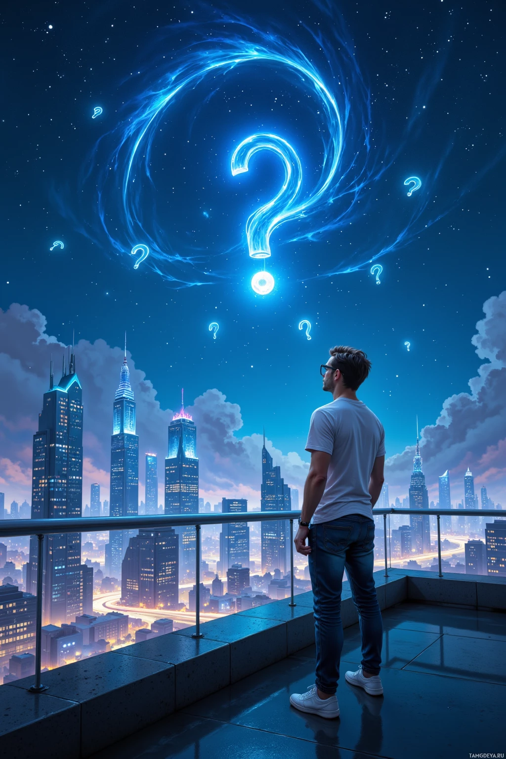 A person stands on a rooftop overlooking a futuristic cityscape under a night sky filled with stars and glowing question marks.