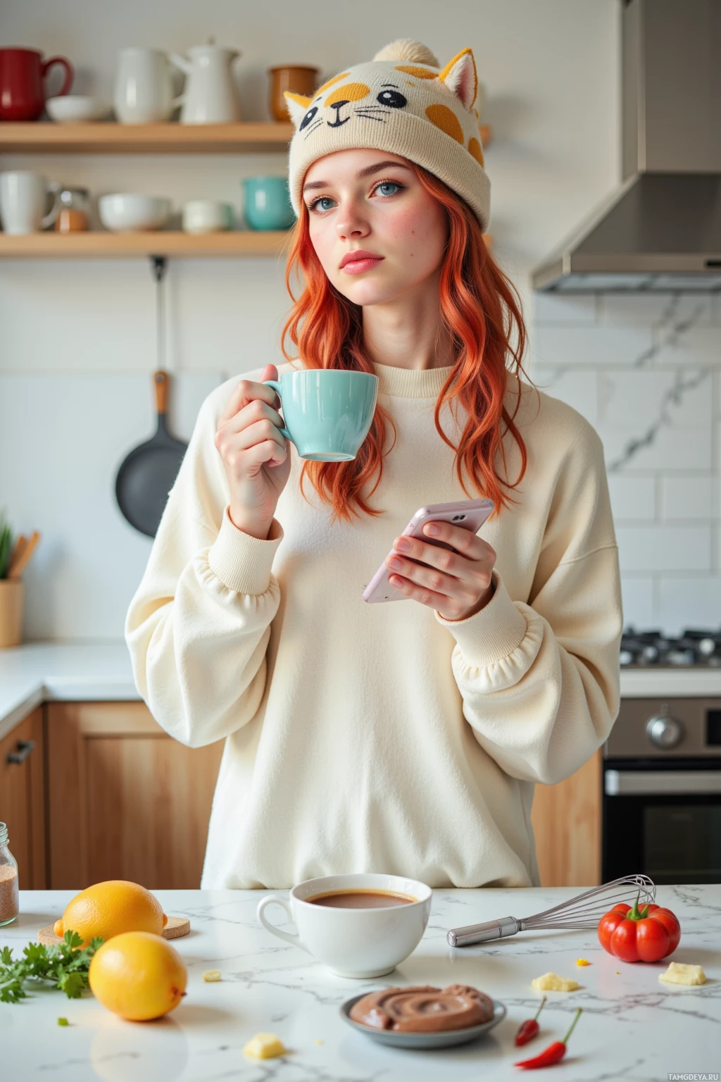 A person in a kitchen holding a cup and a phone, surrounded by kitchen items and food.