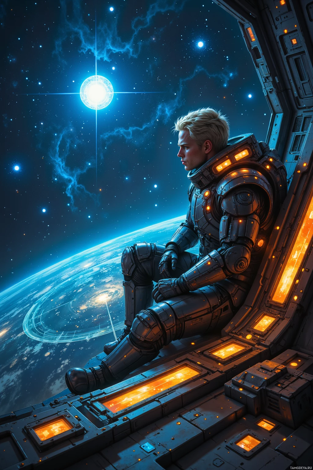 A person in a futuristic spacesuit sits inside a spacecraft, gazing out at a starry space scene with a glowing planet below.