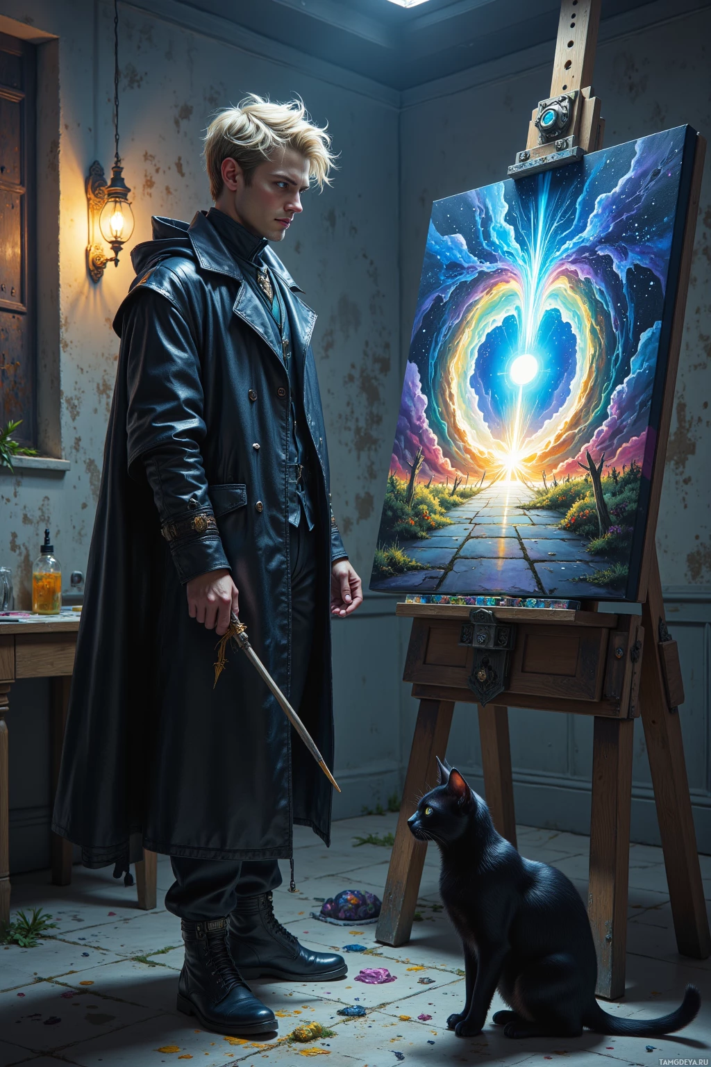 A man in a leather coat stands beside an easel with a vibrant painting, accompanied by a black cat.