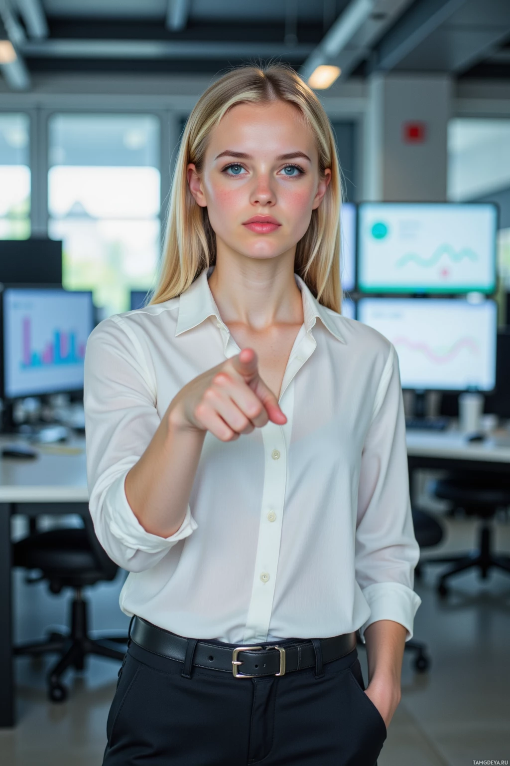 A woman in a white shirt and black pants points forward in a modern office setting.