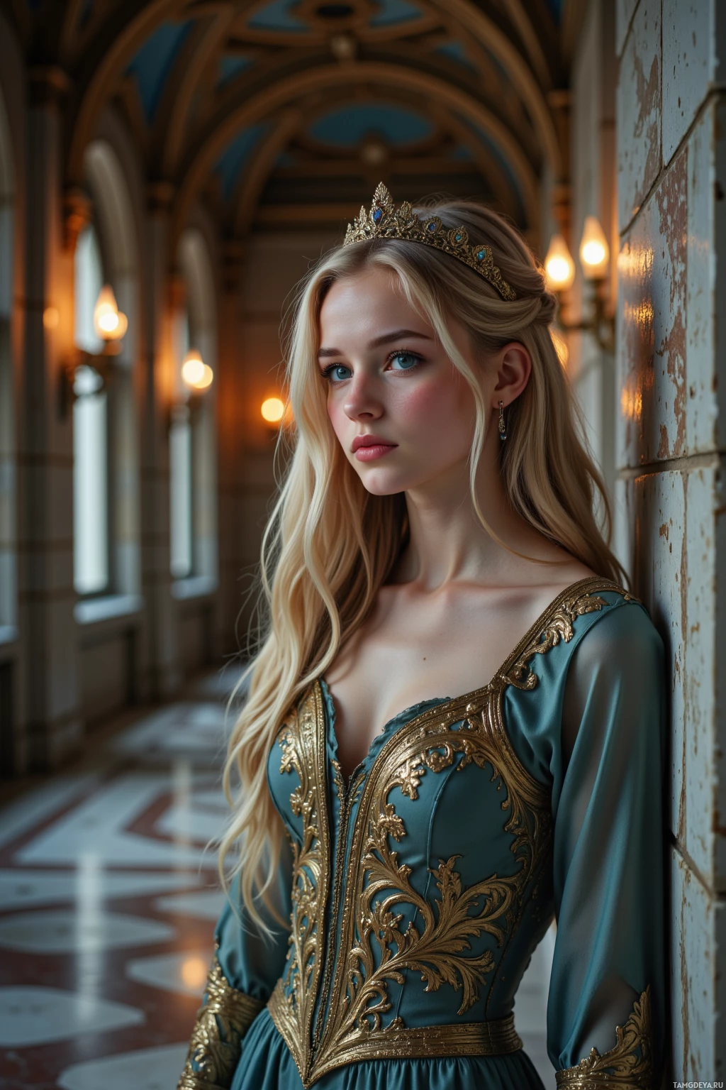 A woman in an ornate teal dress with gold detailing stands in a grand, dimly lit hallway.