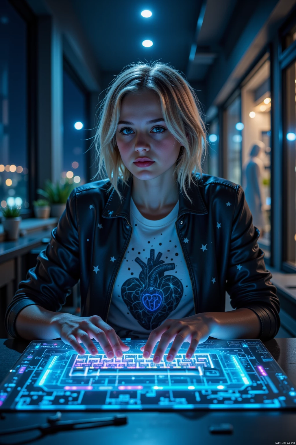 A person wearing a leather jacket and a shirt with a heart design is interacting with a futuristic, illuminated keyboard.