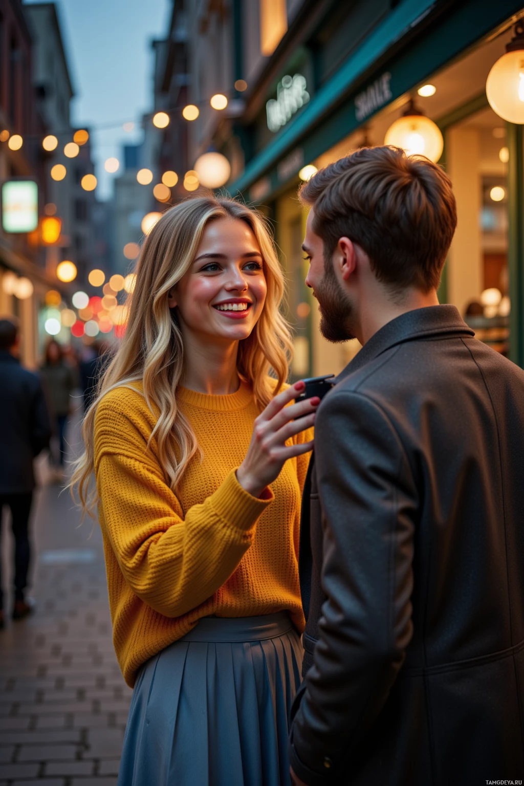 A couple stands on a street at dusk, smiling and looking at each other.