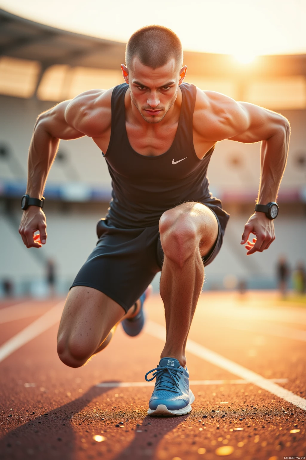 A muscular man in athletic attire is captured mid-stride on a running track at sunset.