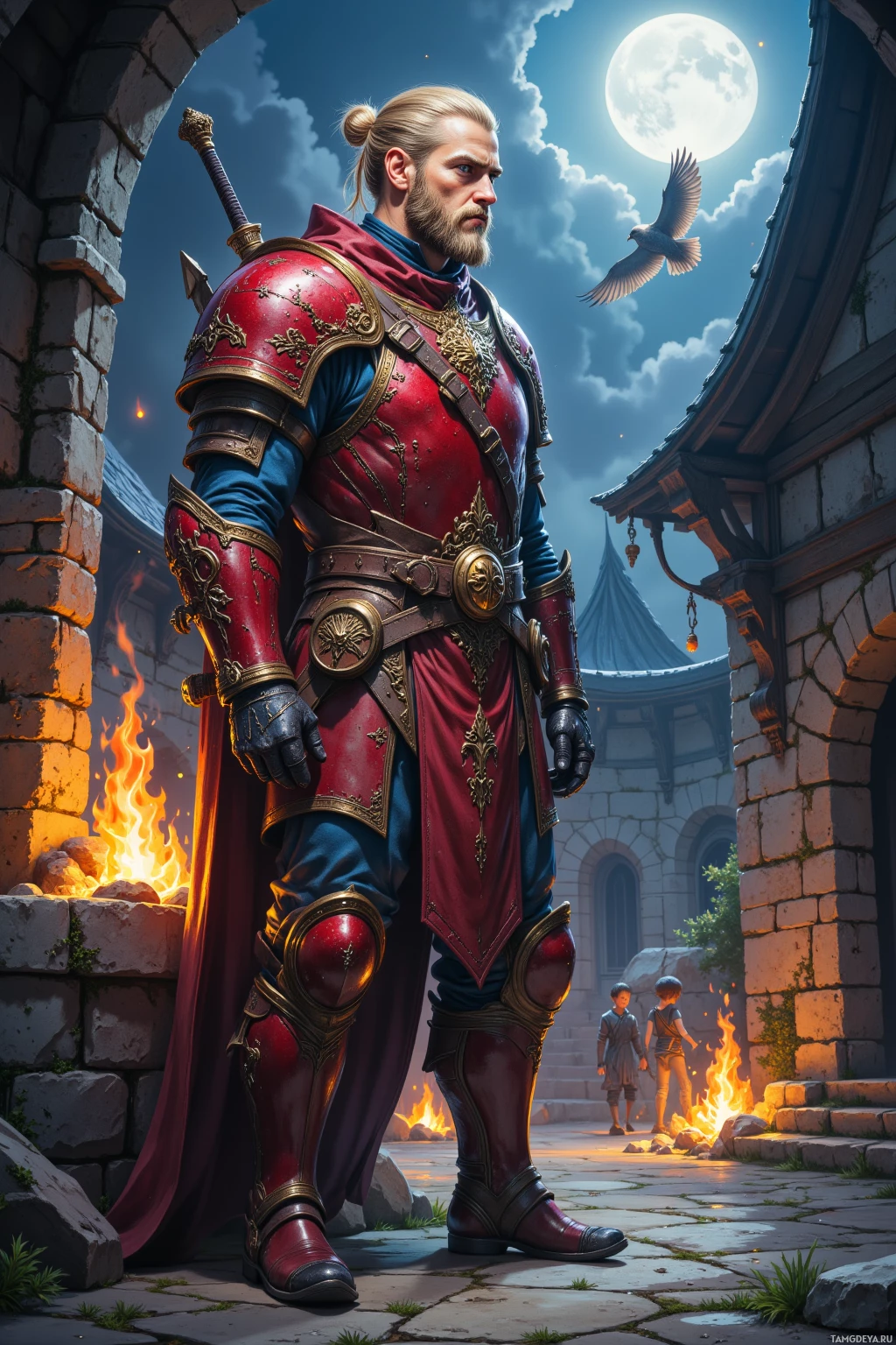 A knight in ornate red armor stands in a courtyard under a full moon.