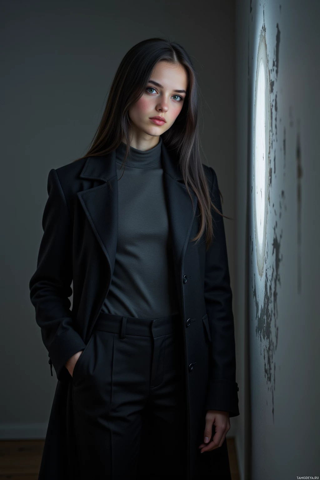 A person in a black coat and pants stands against a wall with a light source.