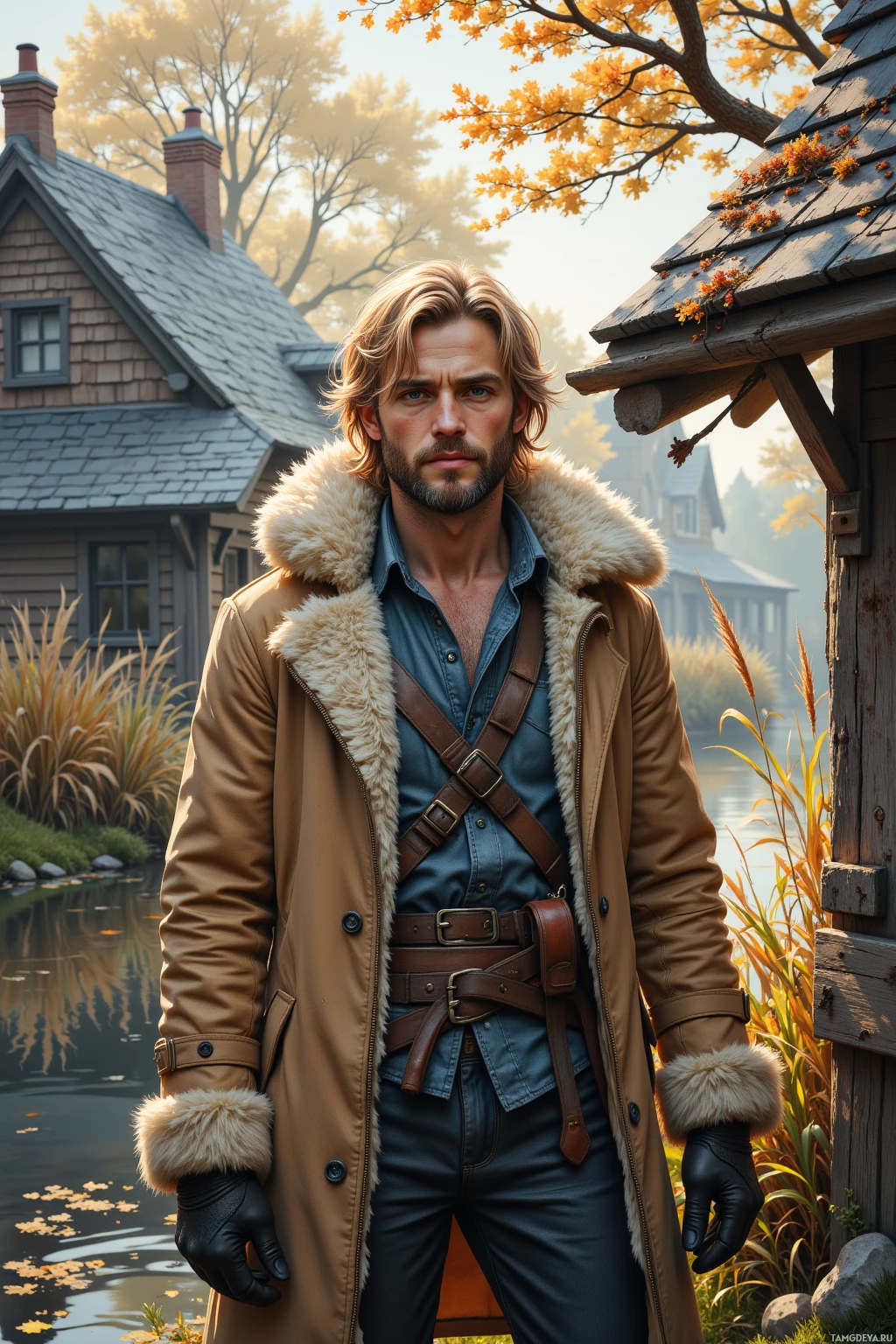 A man stands outdoors in autumn, wearing a fur-lined coat and leather gloves, with a house and trees in the background.