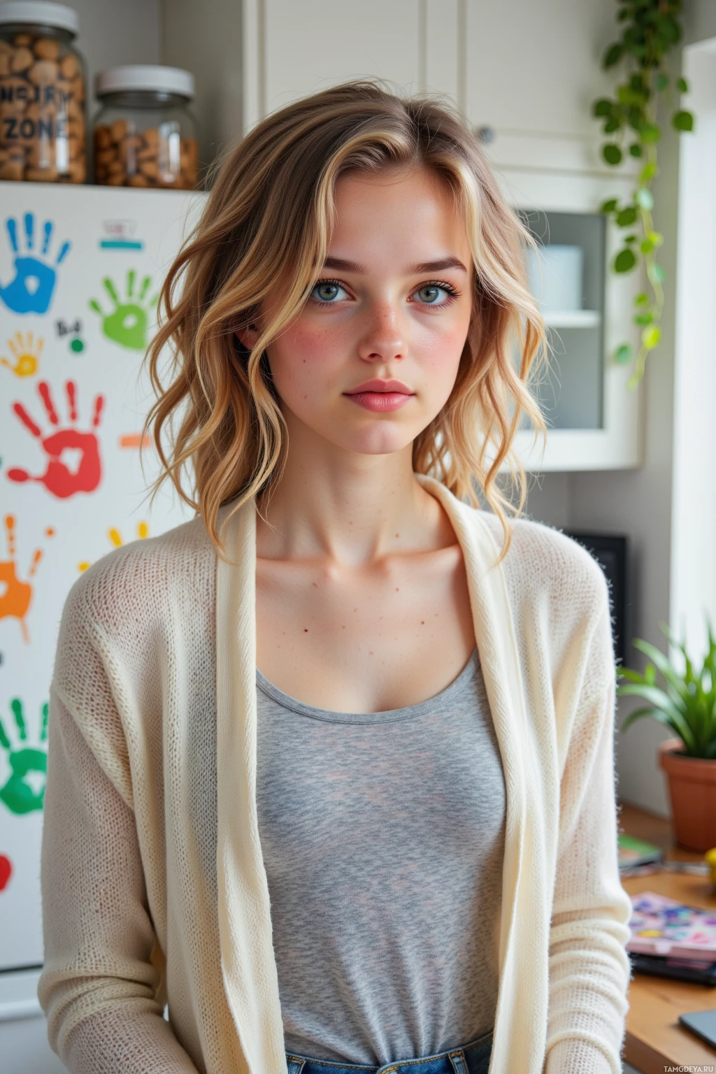 A young woman with wavy blonde hair wearing a light cardigan and a gray tank top stands in a kitchen.