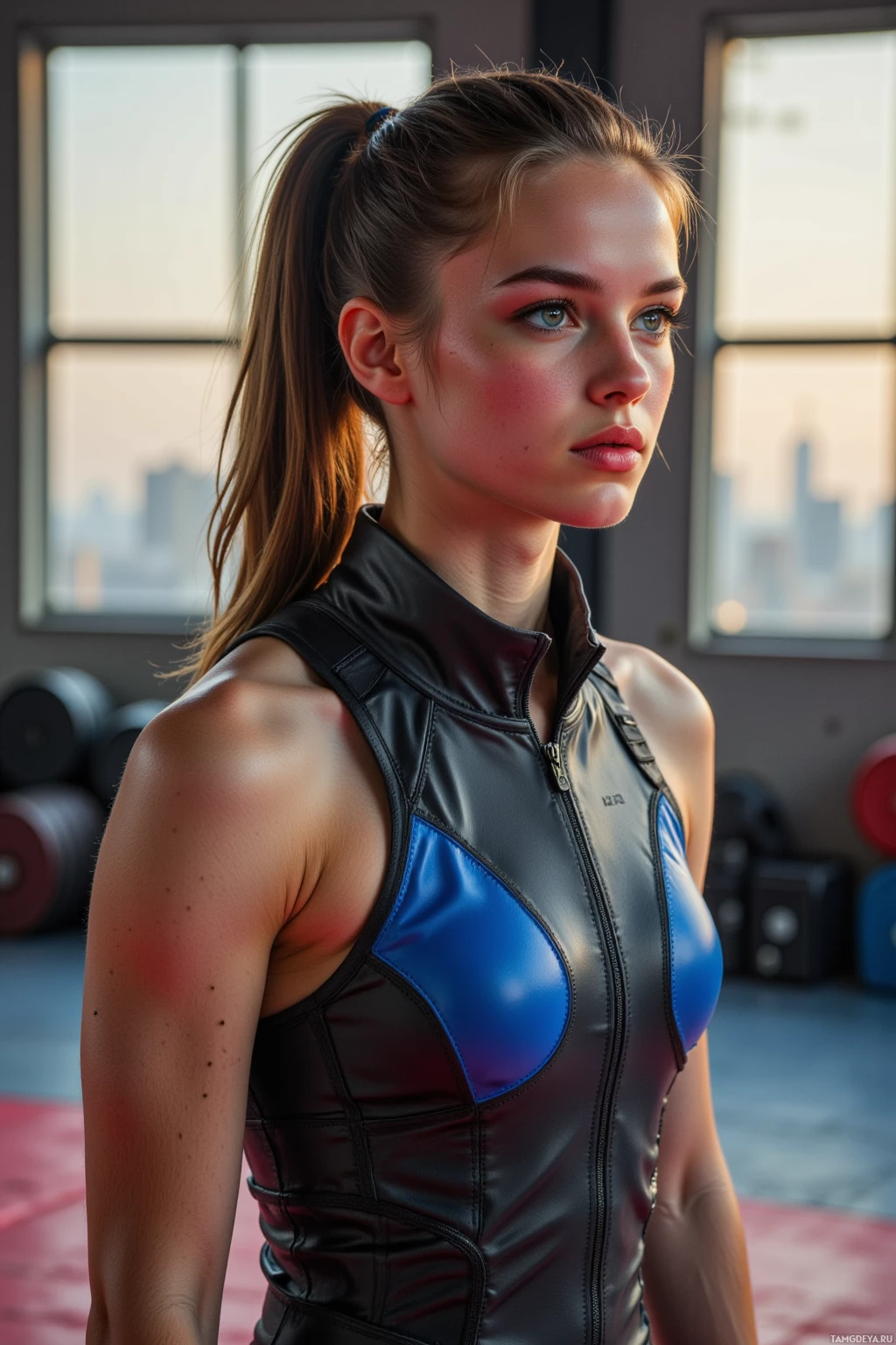 A woman in a black and blue athletic vest stands in a gym.