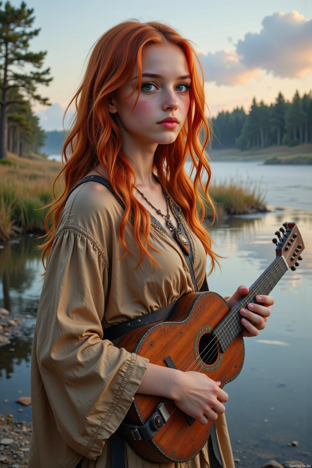 A woman with long red hair stands by a lake, holding a guitar.