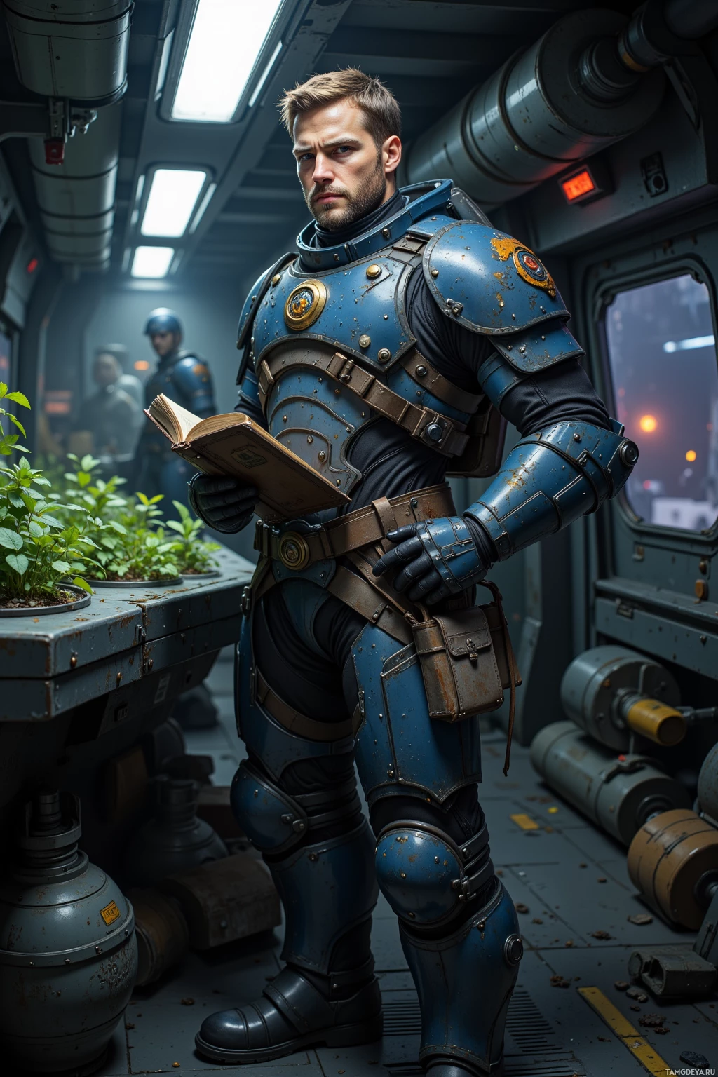 A person in futuristic armor stands in a spacecraft, holding an open book.