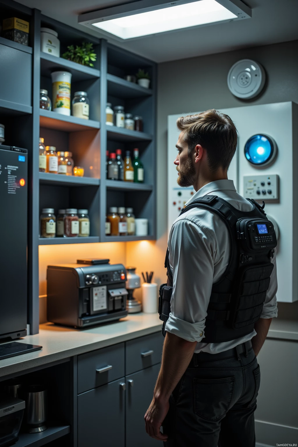 A man in a kitchen with a tactical vest and a modern appliance.