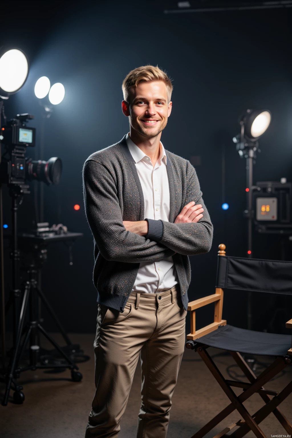 A man stands confidently in a studio setting with crossed arms, wearing a sweater and dress shirt.