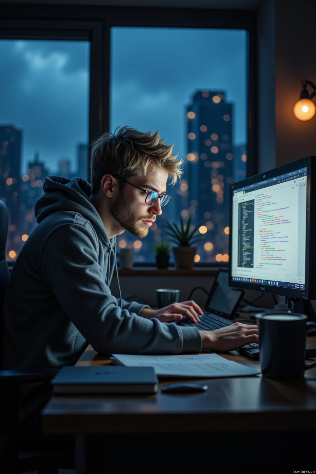 A person wearing glasses works on a computer in a dimly lit room with a cityscape view outside the window.