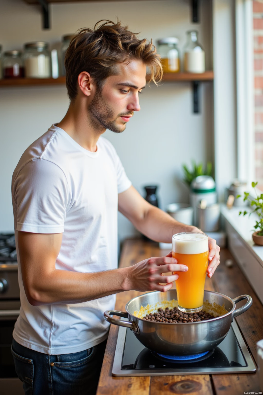 A man in a white shirt holds a glass of beer while standing in a kitchen.