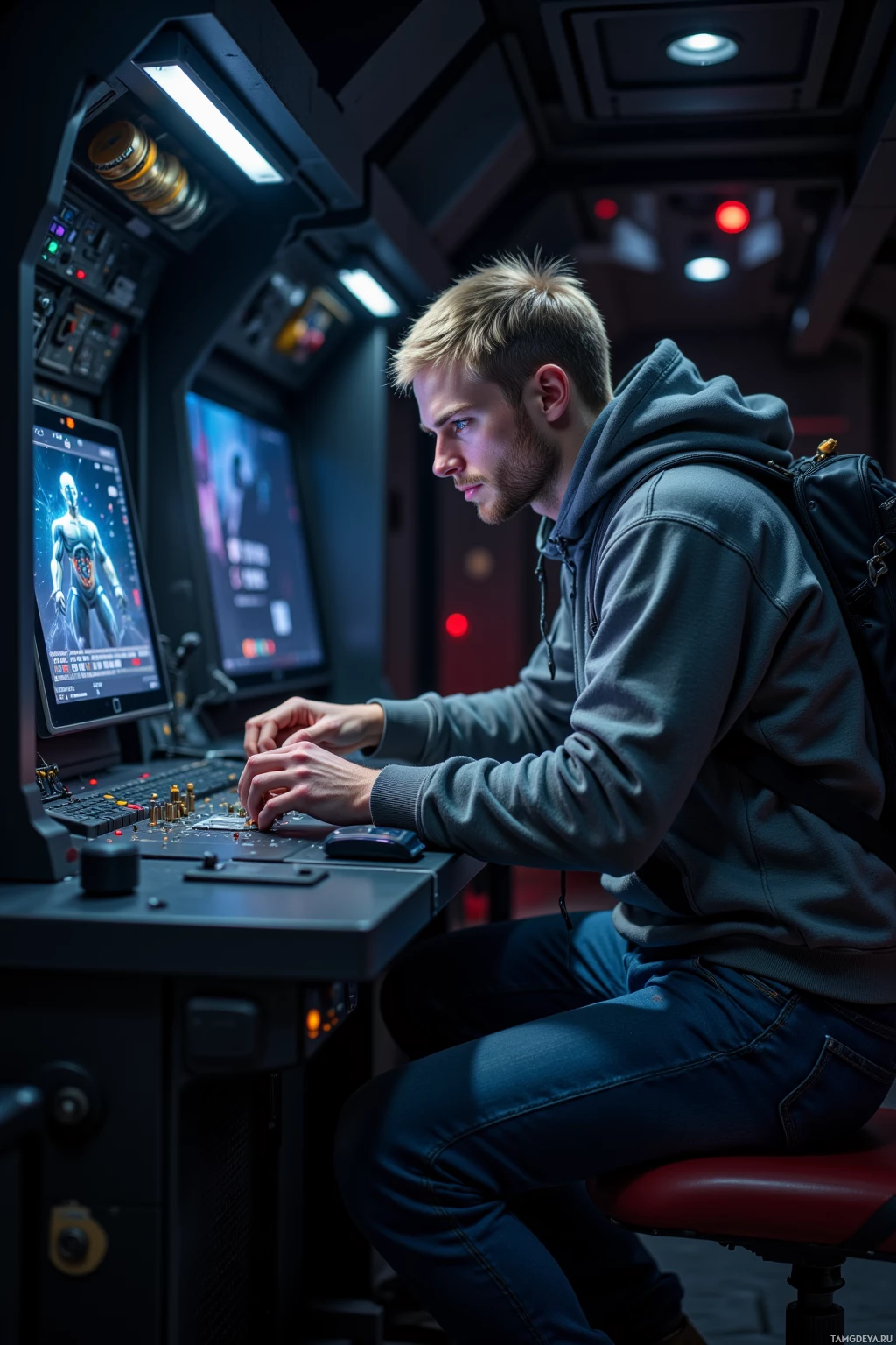 A person is seated at a futuristic control panel, working on a computer in a dimly lit environment.