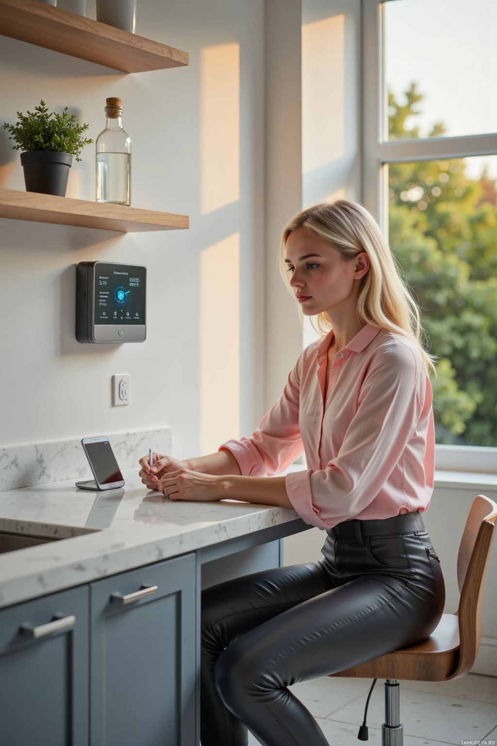A woman sits at a kitchen counter, looking at a smartphone.